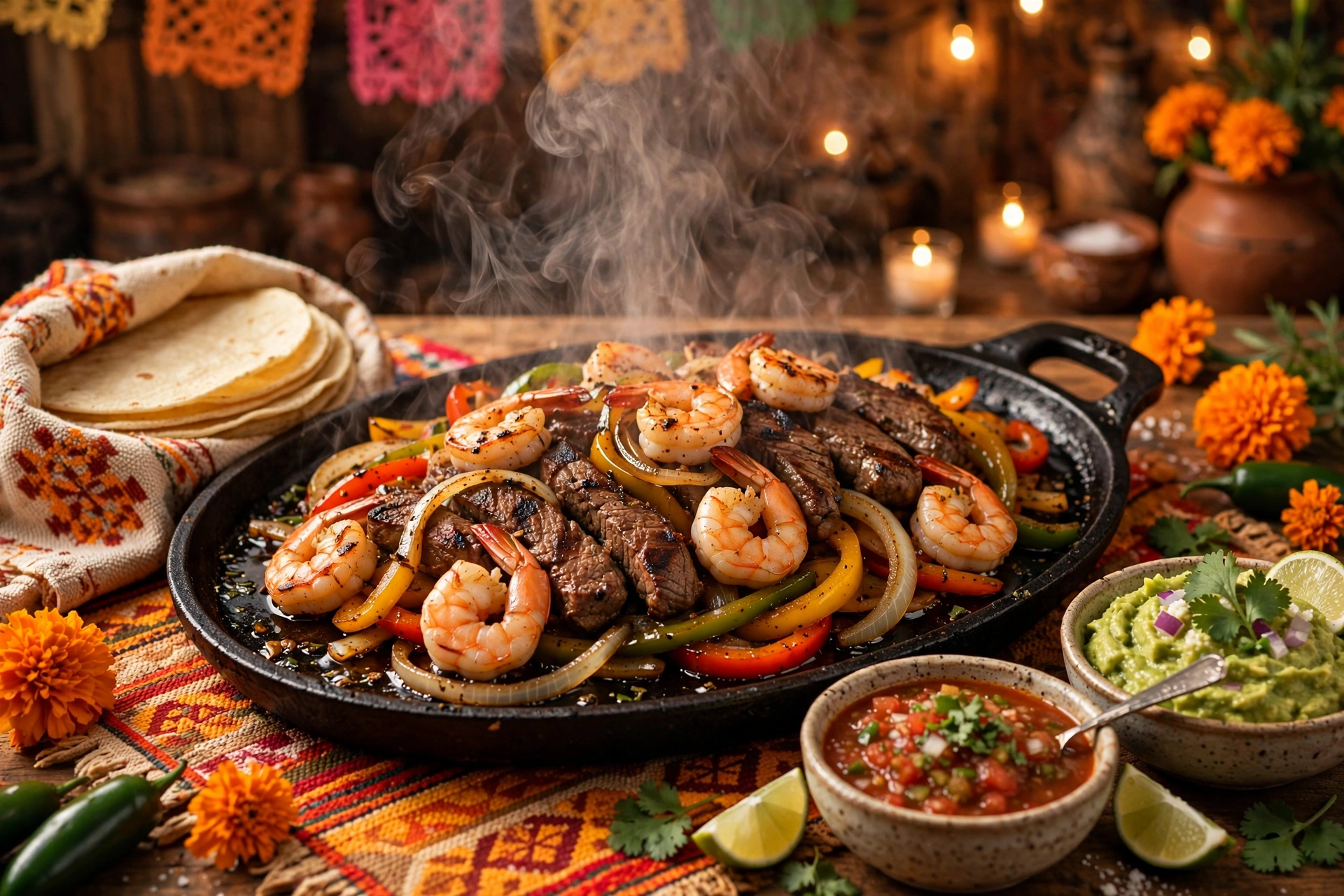 Sizzling steak and shrimp fajitas with peppers and onions