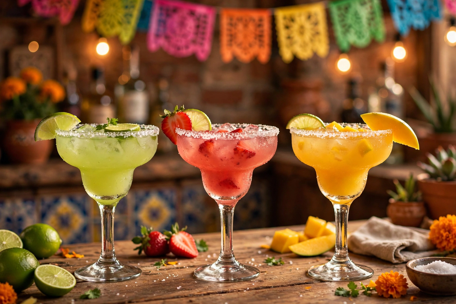 Lime, strawberry and mango margaritas on a cantina bar